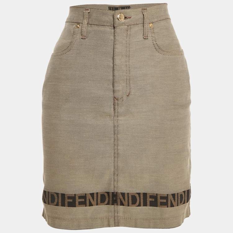 Pre Owned Fendi Vintage Beige Cotton Blend Logo Detail Mini Skirt M