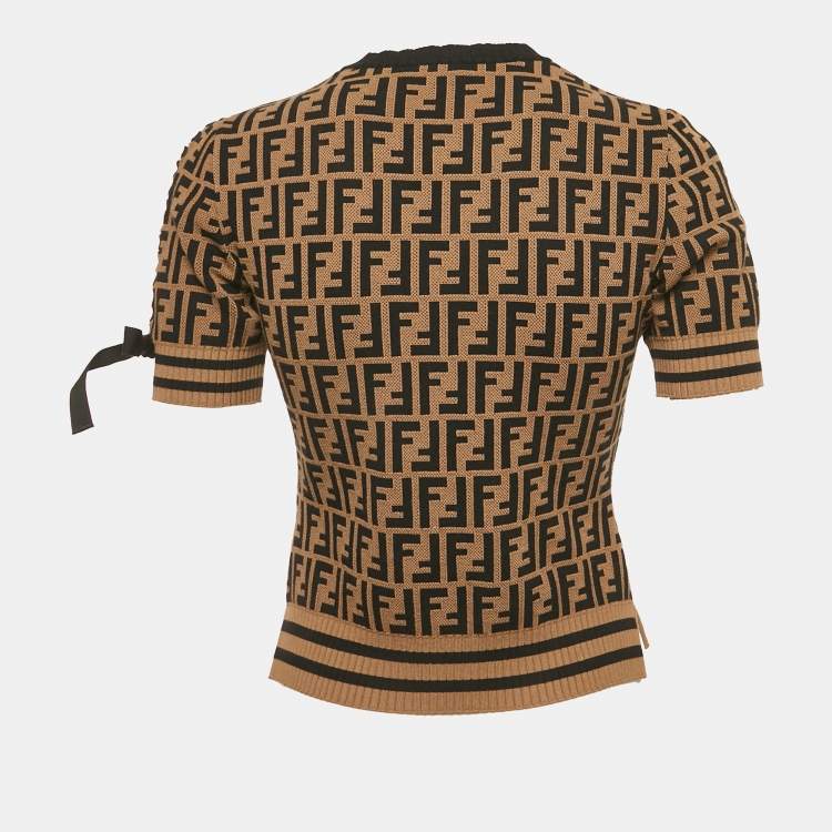 Pre Owned Fendi Brown Zucca Jacquard Knit Crew Neck Top S