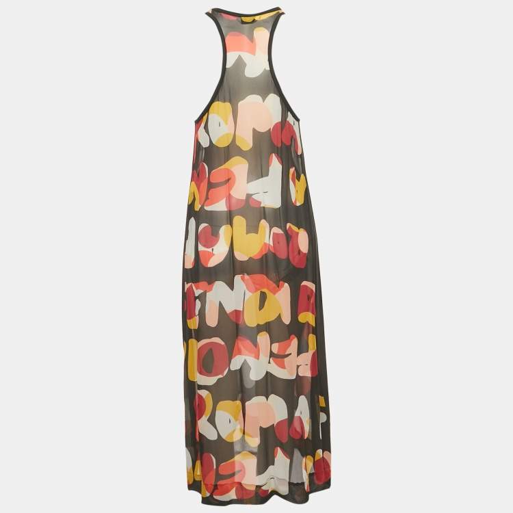 Pre Owned Fendi Multicolor/Black Printed Silk Sleeveless Midi Dress M