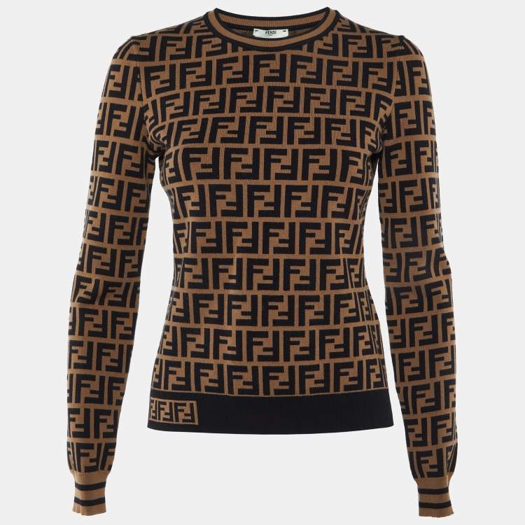 Pre Owned Fendi Brown Zucca Monogram Knit Crew Neck Jumper S