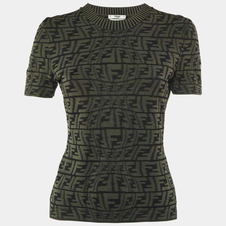 Pre Owned Fendi Green FF Knit Short Sleeve Jumper S