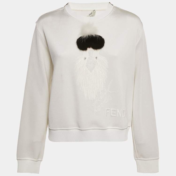Pre Owned Fendi White Mink Fur Karl Lagerfeld Jersey Sweatshirt M