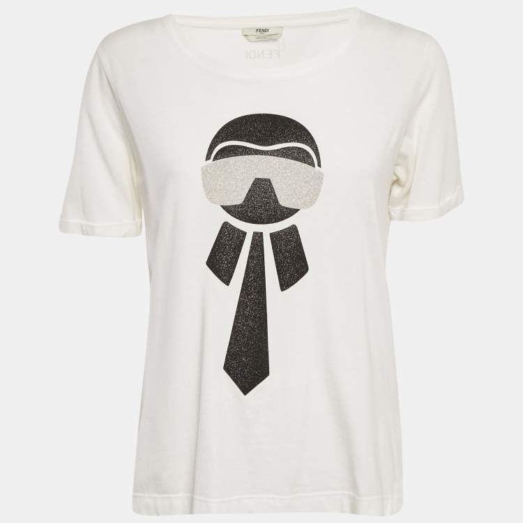 Pre Owned Fendi White Metallic Karlito Applique Cotton T-Shirt S 