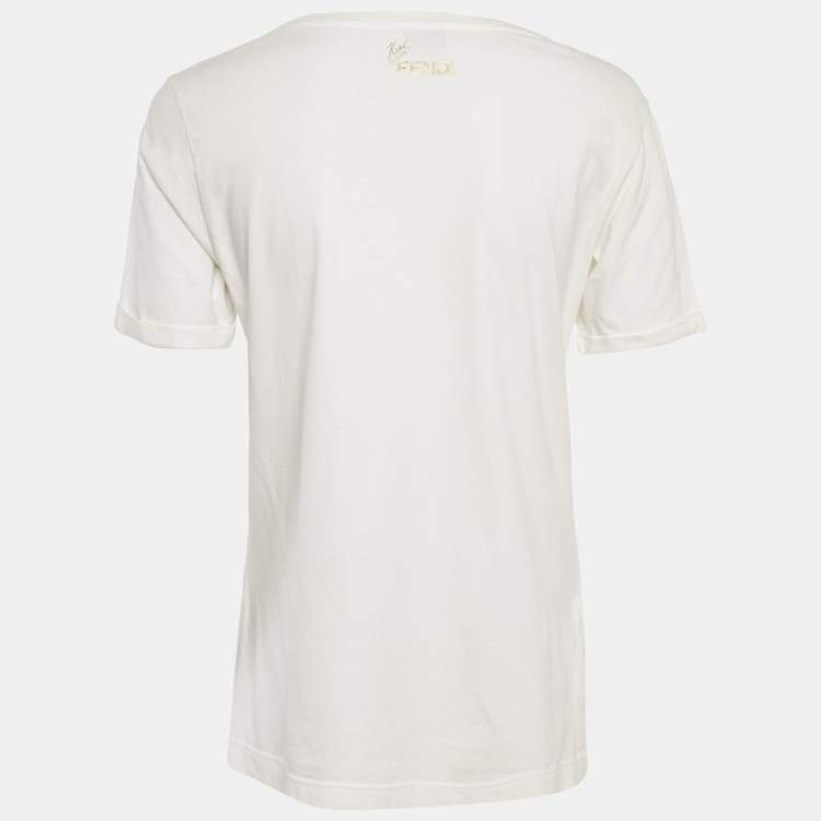 Pre Owned Fendi White Metallic Karlito Applique Cotton T-Shirt S 