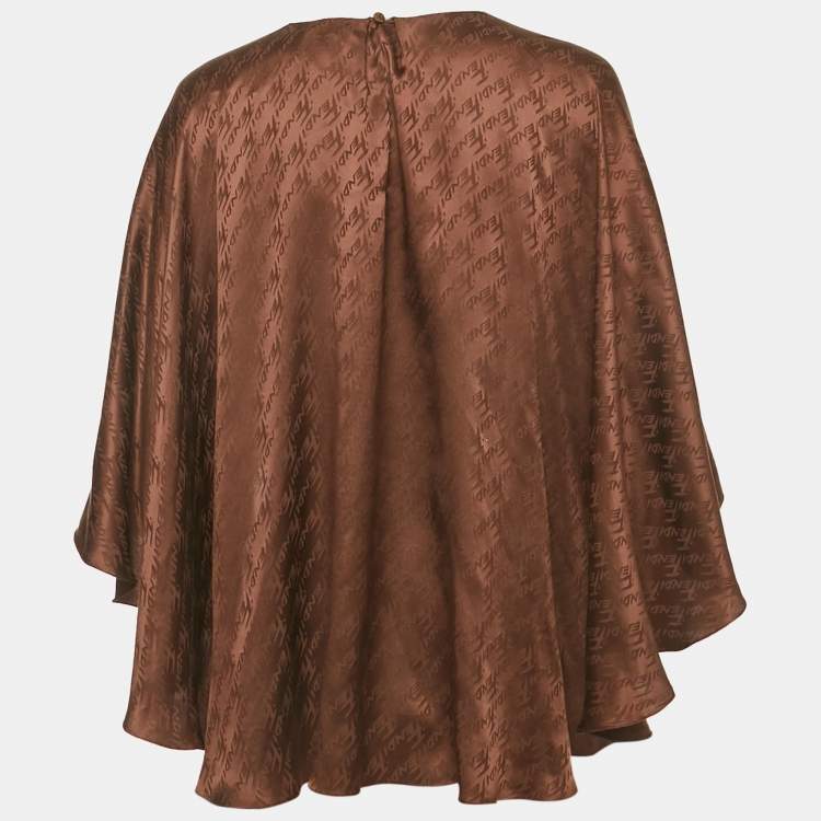 Pre Owned Fendi Brown Logo Jacquard Satin Flared Blouse S