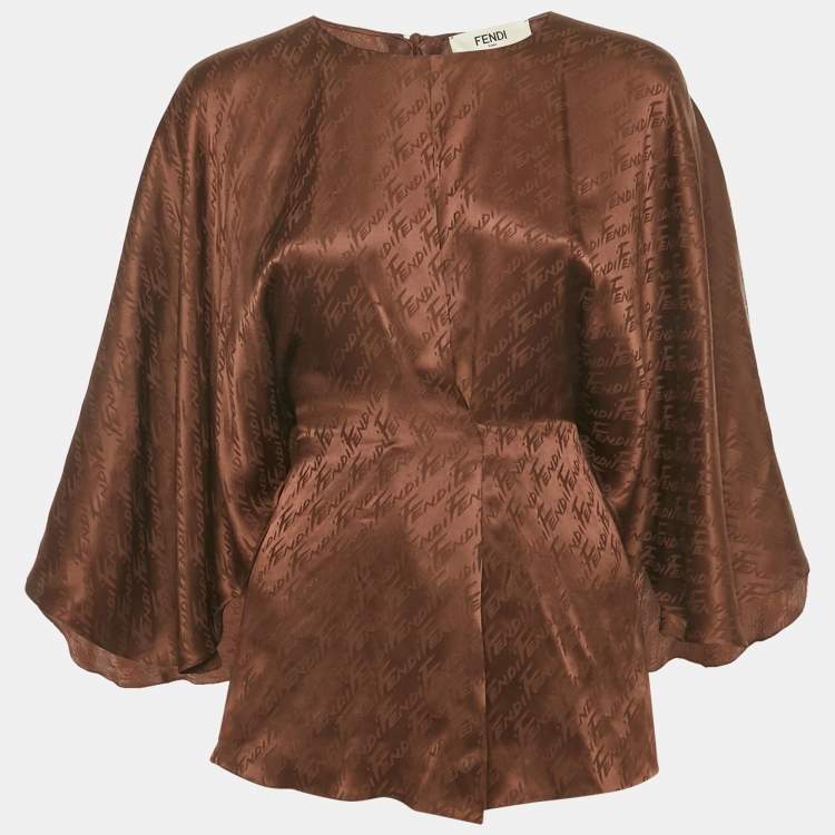 Pre Owned Fendi Brown Logo Jacquard Satin Flared Blouse S