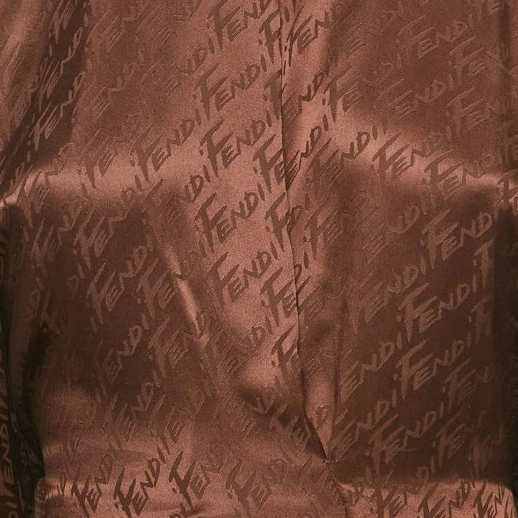 Pre Owned Fendi Brown Logo Jacquard Satin Flared Blouse S