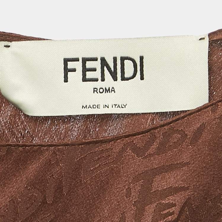 Pre Owned Fendi Brown Logo Jacquard Satin Flared Blouse S