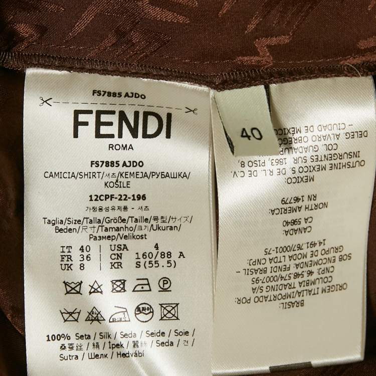 Pre Owned Fendi Brown Logo Jacquard Satin Flared Blouse S