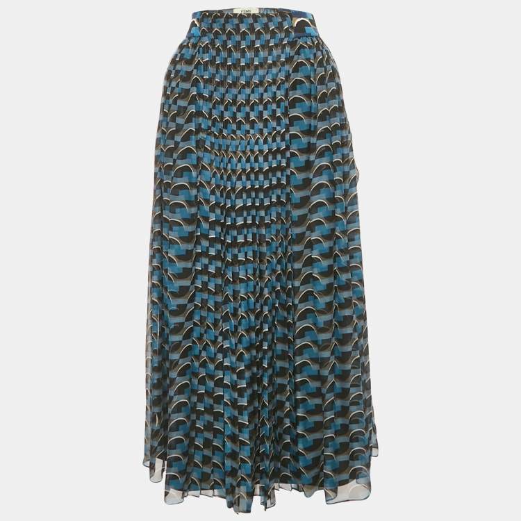 مملوكة مسبقًا Fendi Blue Geometric Print Silk Pleated Midi Skirt S