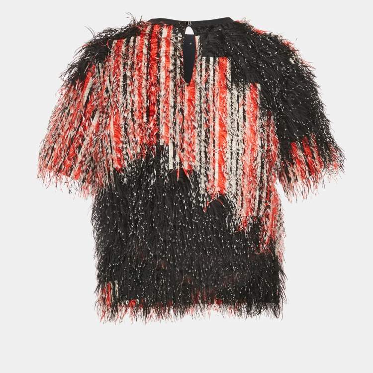Pre Owned Fendi Orange/Black Printed Synthetic Fringe Fil Coupe Top S