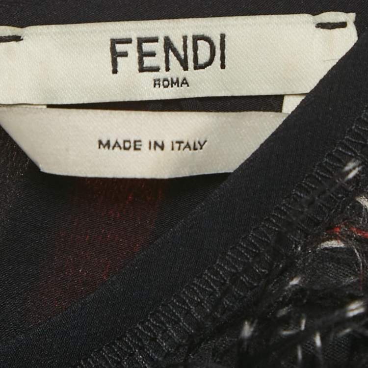 Pre Owned Fendi Orange/Black Printed Synthetic Fringe Fil Coupe Top S