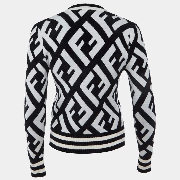 Pre Owned Fendi Monochrome FF Jacquard Knit V-Neck Pullover XS