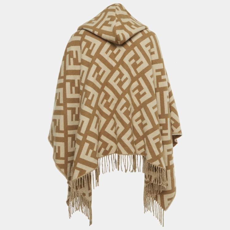 Pre Owned Fendi Beige FF Monogram Intarsia Cashmere Fringed Poncho One Size 
