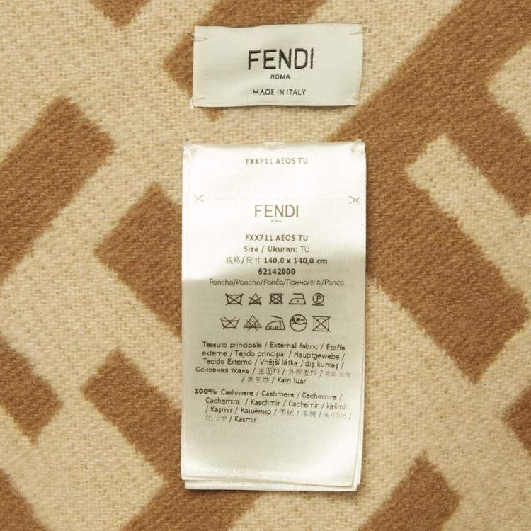 Pre Owned Fendi Beige FF Monogram Intarsia Cashmere Fringed Poncho One Size 