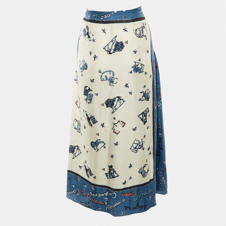 Pre Owned Fendi Blue Zodiac Print Silk Pleated Wrap Skirt M
