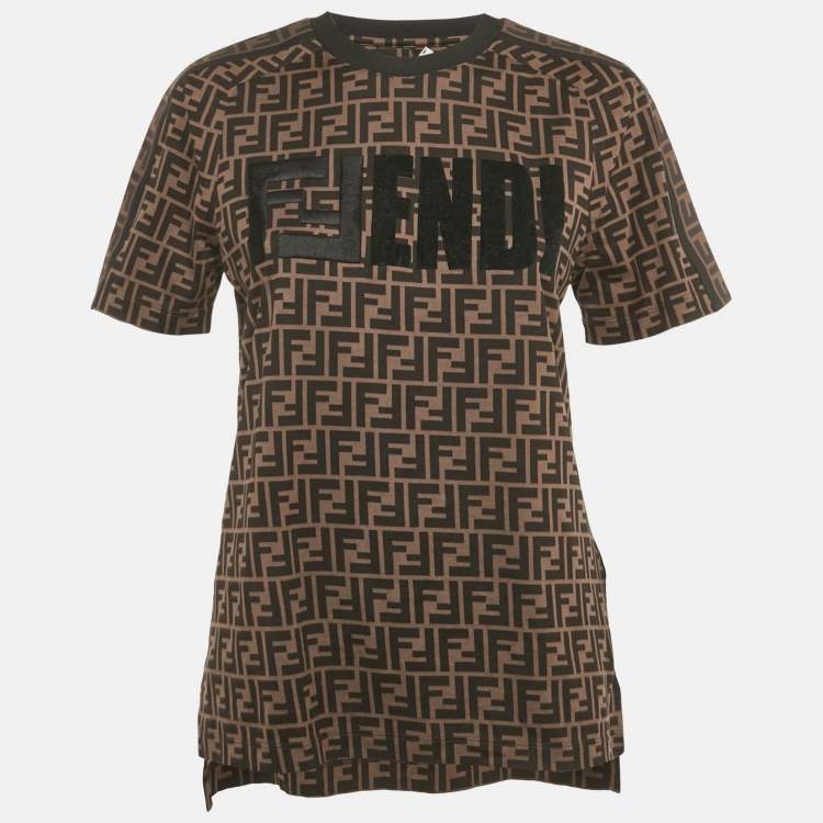 Pre Owned Fendi Brown FF Zucca Logo Print Cotton Crewneck T-Shirt XXS