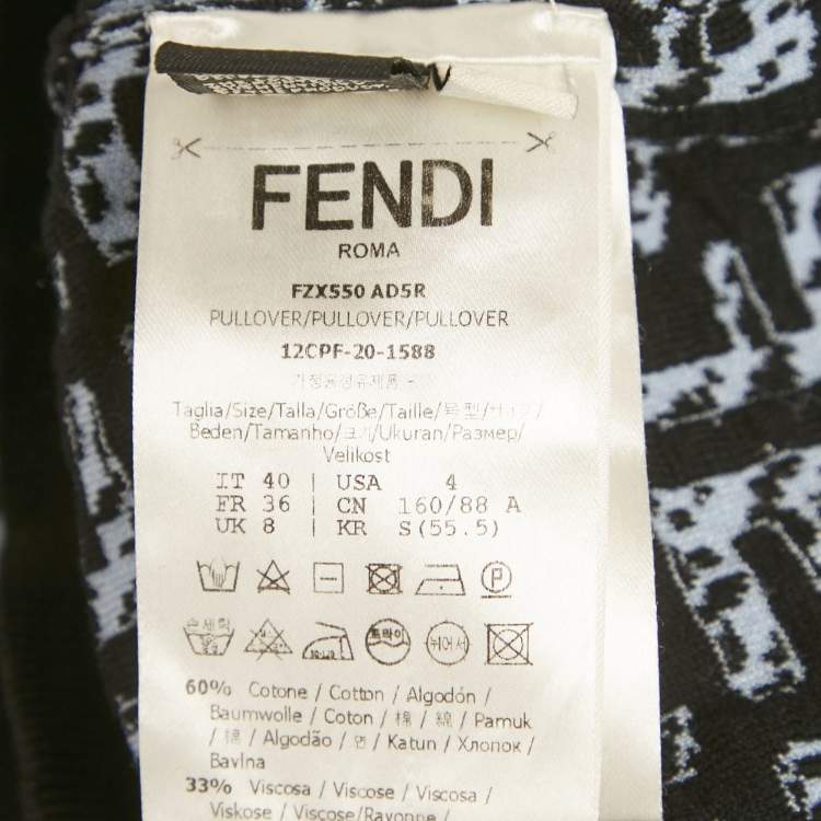 Pre Owned Fendi Blue FF Zucca Intarsia Knit Short Sleeve Knit Top S