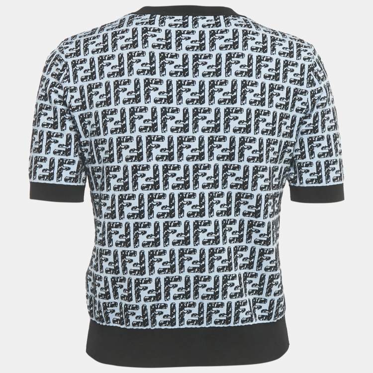 Pre Owned Fendi Blue FF Zucca Intarsia Knit Short Sleeve Knit Top S