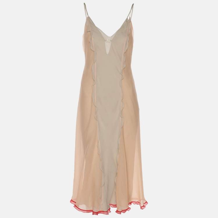 Pre Owned Fendi Beige/Peach Silk Sleeveless Midi Dress S
