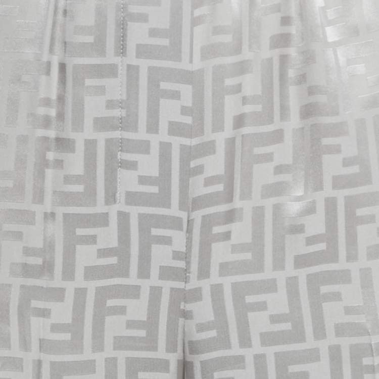 Pre Owned Fendi Grey FF Jacquard Silk Wide-Leg Trousers S