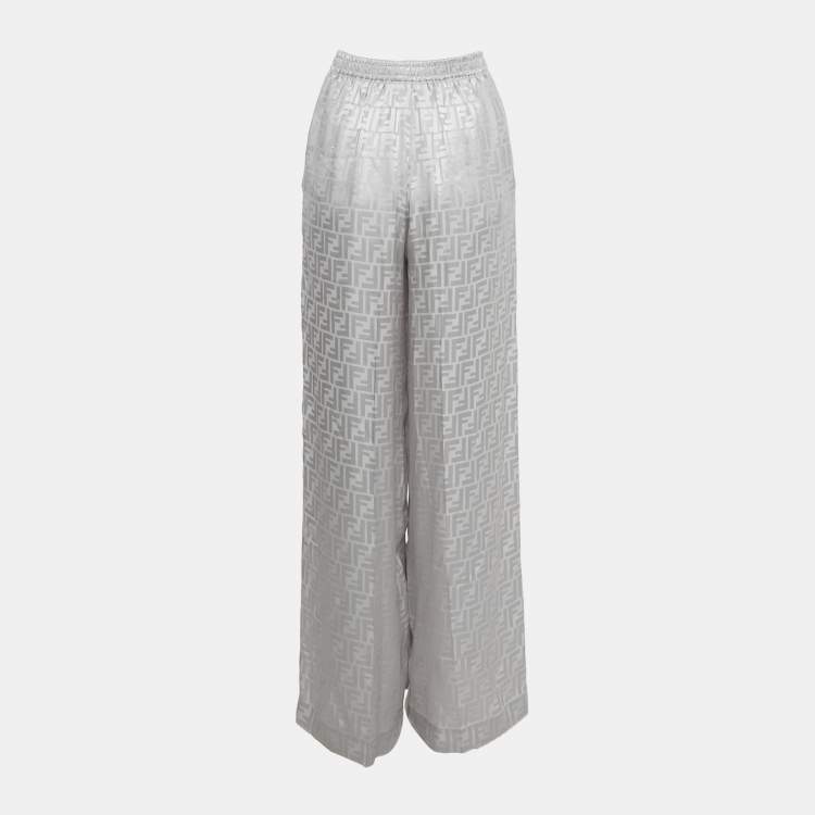 Pre Owned Fendi Grey FF Jacquard Silk Wide-Leg Trousers S