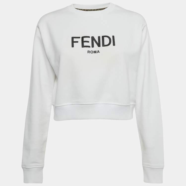 Pre Owned Fendi White Logo Embroidered Cotton Knit Sweatshirt XS