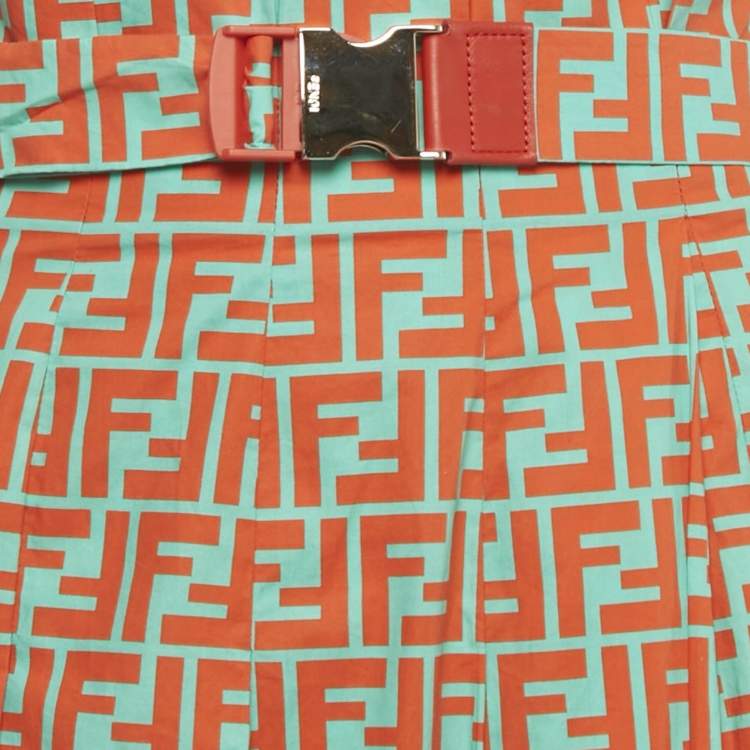 مملوكة مسبقًا Fendi Orange/Blue FF Print Cotton Pleated Midi Skirt XS