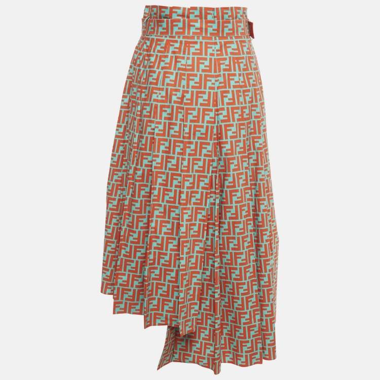 مملوكة مسبقًا Fendi Orange/Blue FF Print Cotton Pleated Midi Skirt XS