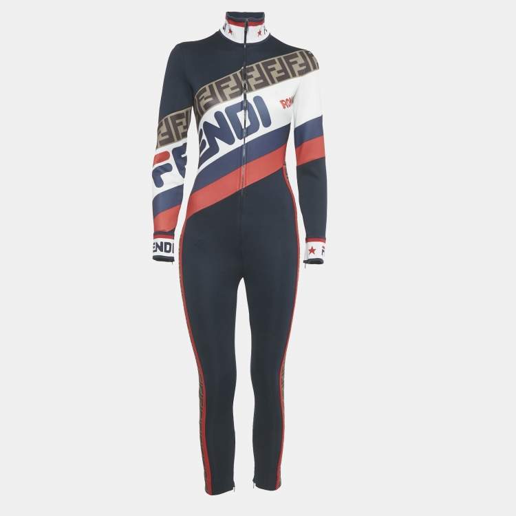 Pre Owned Fendi Navy Blue Logo Print Jersey Zucca Tape Trimmed Jumpsuit S