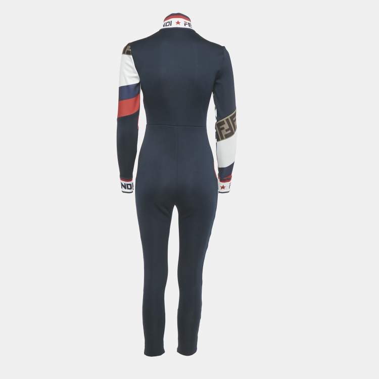 Pre Owned Fendi Navy Blue Logo Print Jersey Zucca Tape Trimmed Jumpsuit S