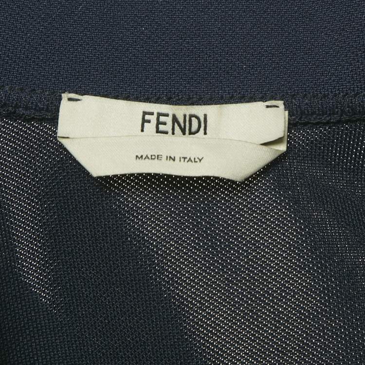 Pre Owned Fendi Navy Blue Logo Print Jersey Zucca Tape Trimmed Jumpsuit S