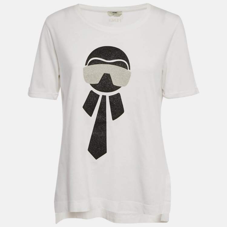 Pre Owned Fendi White Metallic Karl Print Jersey T-Shirt M