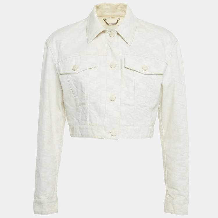 Pre Owned Fendi Cream FF Calligraphy Motif Cropped Denim Jacket L  