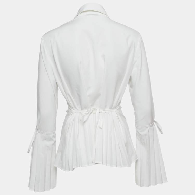 Pre Owned Fendi White Crepe Button Front Tie-Up Detail Blouse L