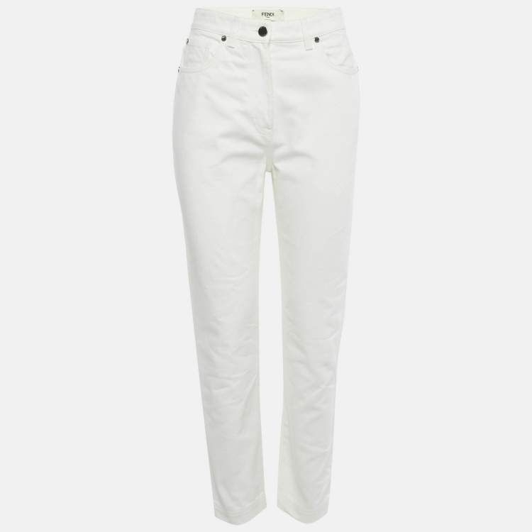 Pre Owned Fendi White Denim Logo Embossed Mom Fit Jeans S Waist 26"