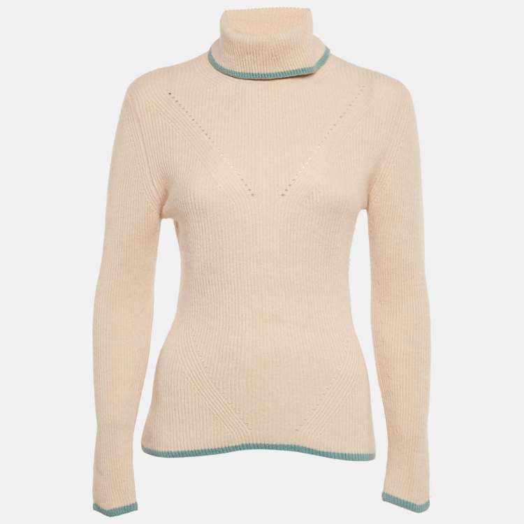 Pre Owned Fendi Dusty Pink Cashmere Contrast Trim Turtle-Neck Sweater S