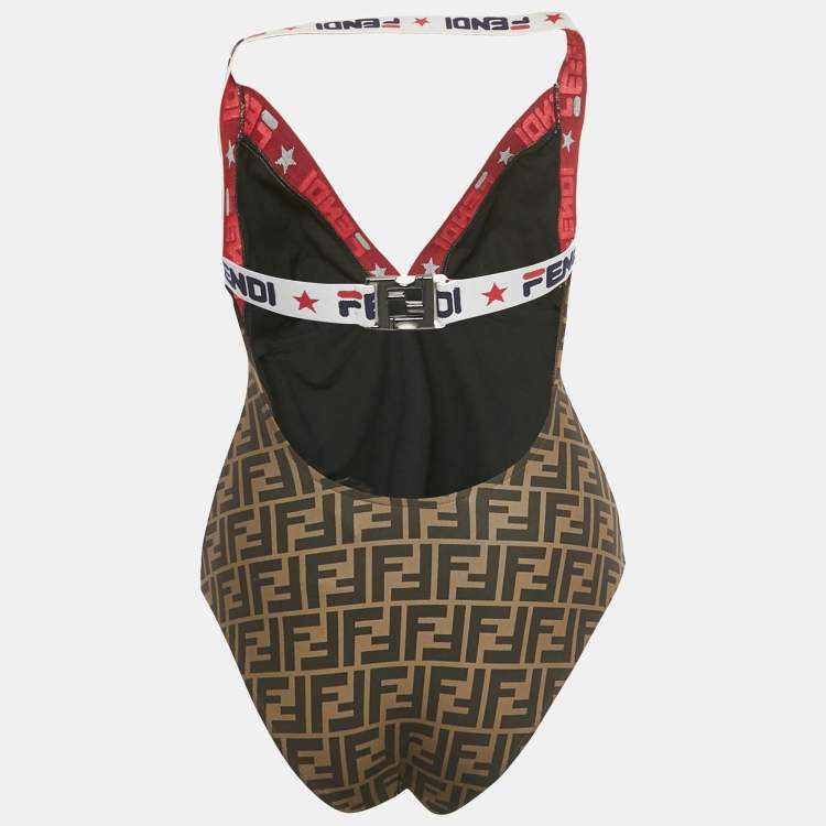 Pre Owned Fendi Brown Zucca Print Jersey Logo Tape Detail Swimsuit S