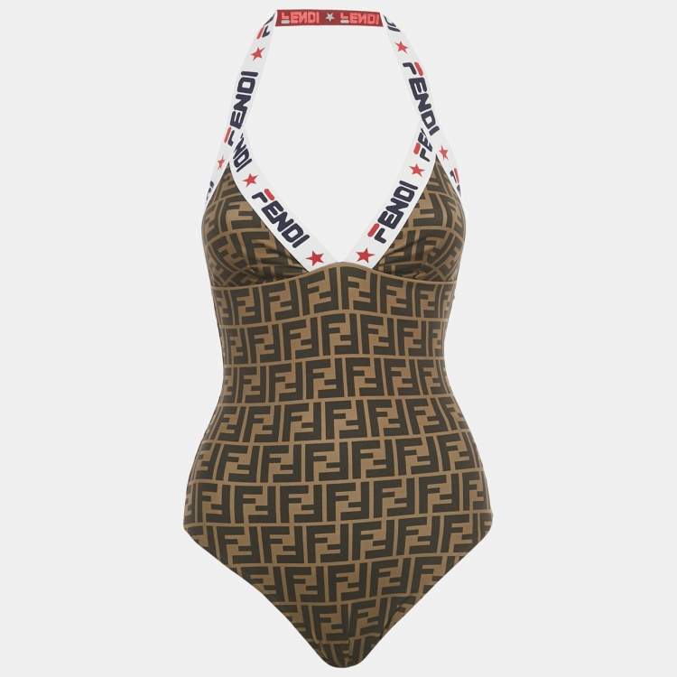Pre Owned Fendi Brown Zucca Print Jersey Logo Tape Detail Swimsuit S