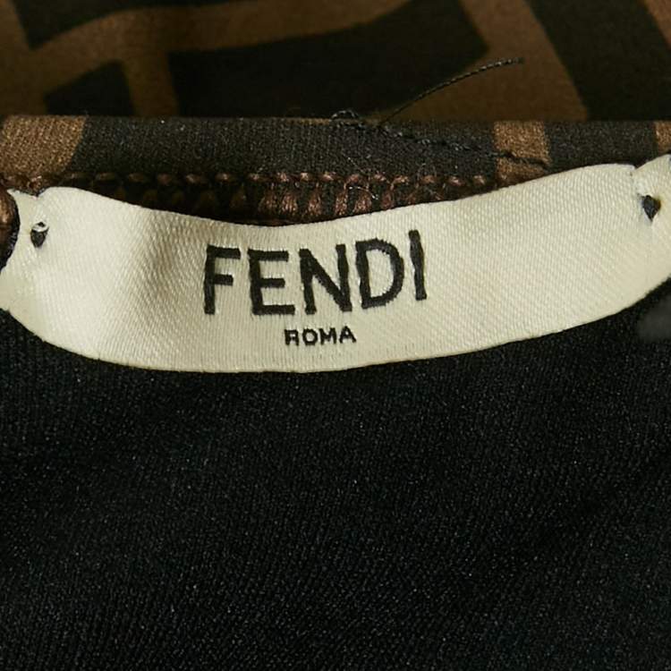 Pre Owned Fendi Brown Zucca Print Jersey Logo Tape Detail Swimsuit S