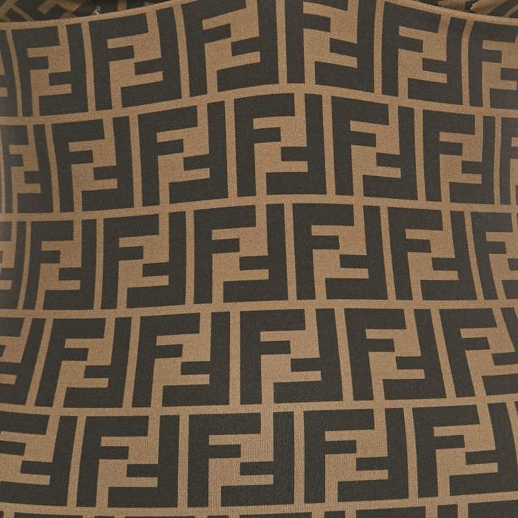 Pre Owned Fendi Brown Zucca Print Jersey Logo Tape Detail Swimsuit S