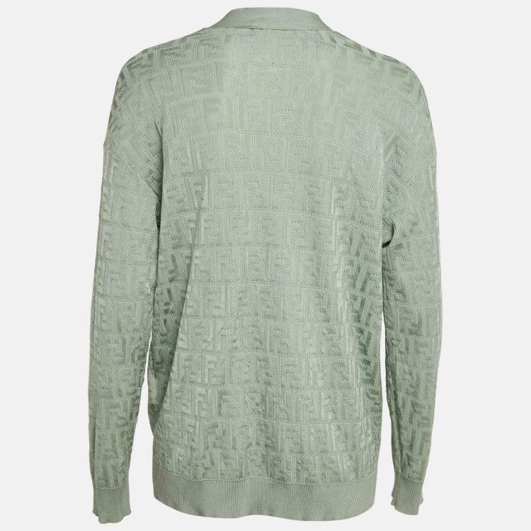 Pre Owned Fendi Mint Green Logo Cotton Knit Cardigan M