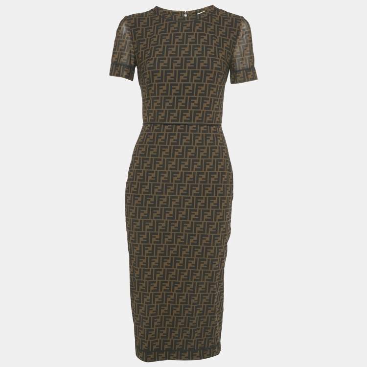 Pre Owned Fendi Brown Zucca Monogram Print Mesh Midi Dress S