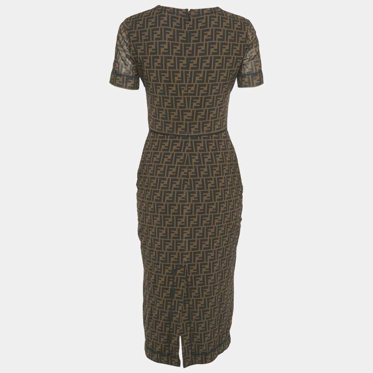 Pre Owned Fendi Brown Zucca Monogram Print Mesh Midi Dress S