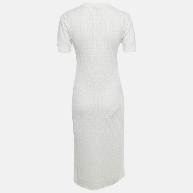 Pre Owned Fendi White Monogram Cotton Knit Midi Dress S