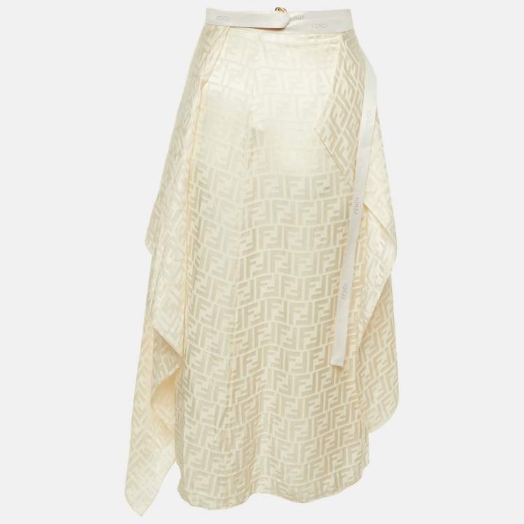 Pre Owned Fendi Cream FF Jacquard Silk Asymmetric Wrap Skirt XS