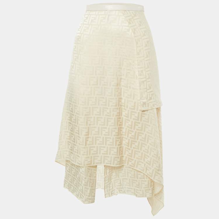 Pre Owned Fendi Cream FF Jacquard Silk Asymmetric Wrap Skirt XS