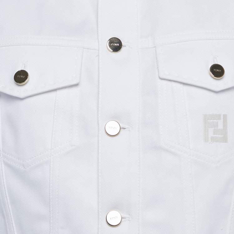 Pre Owned Fendi White Logo Embroidered Denim Gillet Jacket S