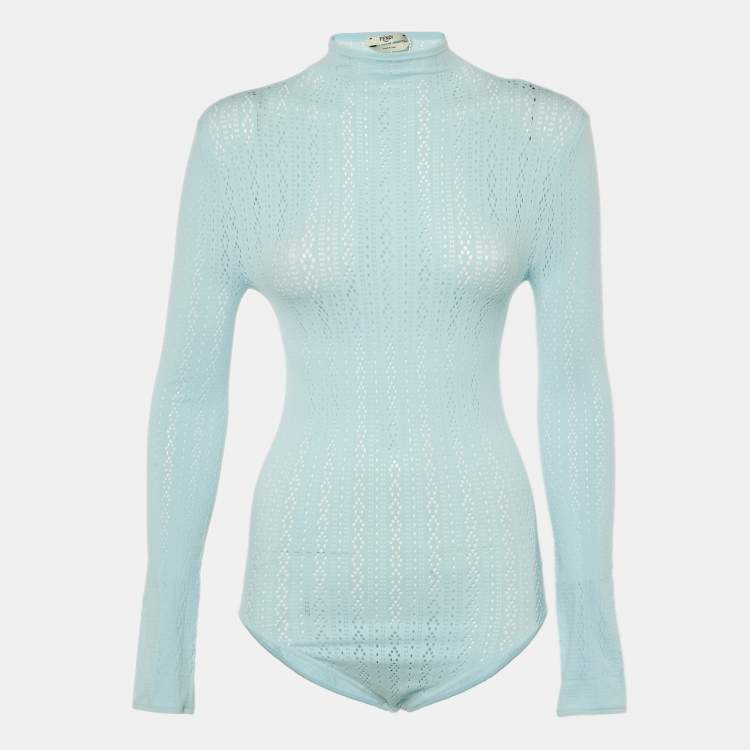 Pre Owned Fendi Blue Jersey Mesh Long-Sleeve Bodysuit M