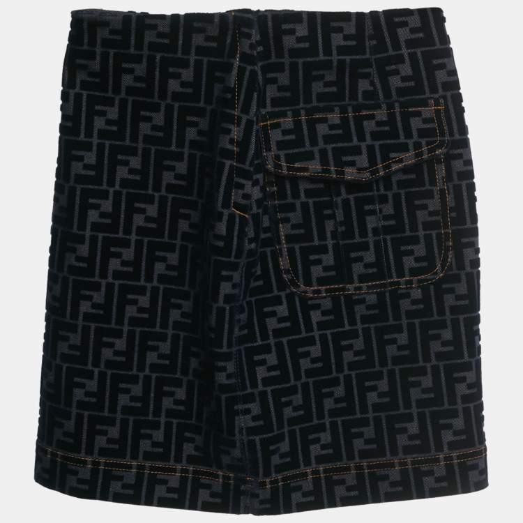 Pre Owned Fendi Navy Blue Zucca Velvet Flocking Mini Skirt XS